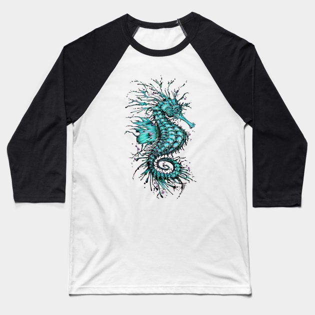 Cyan Seahorse Baseball T-Shirt by TAOJB